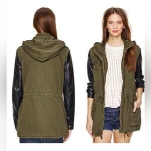 Aritzia Talula Olive Utility Parka Jacket Faux Leather Sleeves Military Army